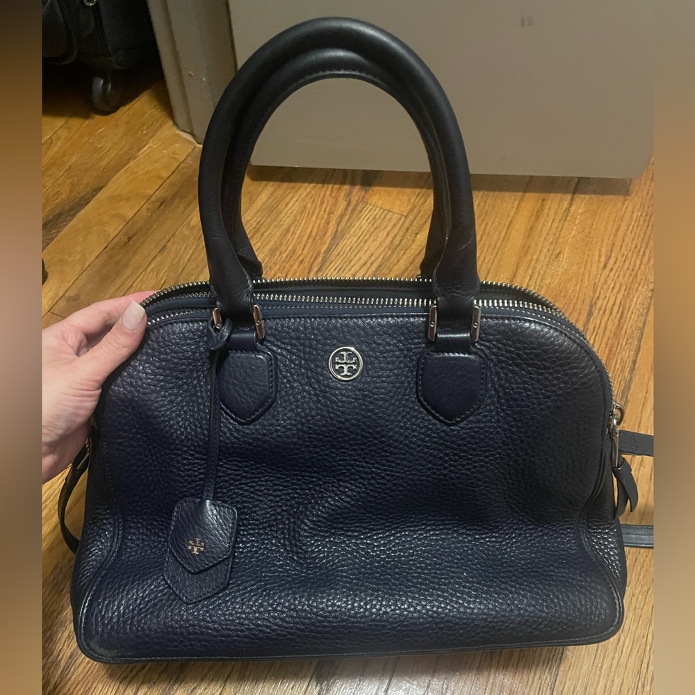 Tory Burch Navy Blue Leather Satchel with Adjustable Strap